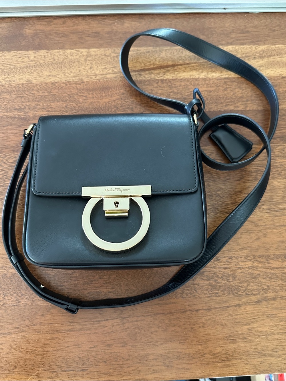 Salvatore Ferragamo Black Leather Crossbody with Gold Gancini Accent